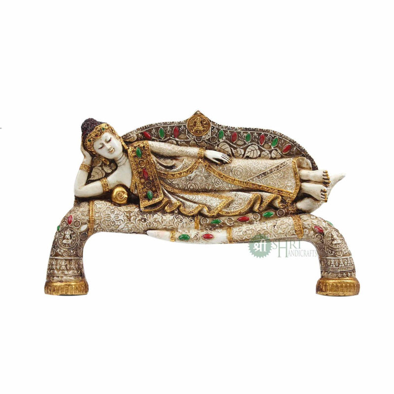 15". BUDDHA SLEEPING ON TUSK PAINTING ANTIQUE