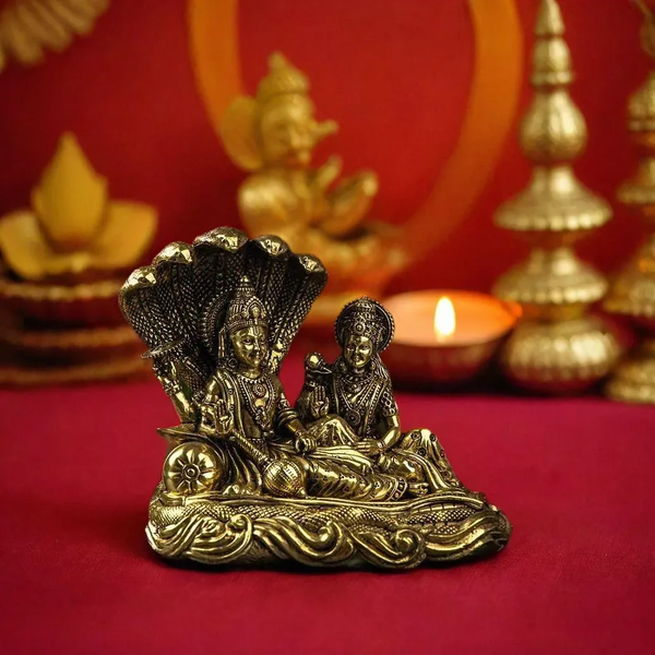 Artfully Designed Vishnu Lakshmi on Ananta-Sajya Brass Murti - 5.5 - Trendia