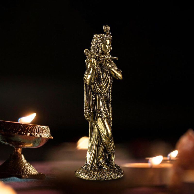 Standing Krishna with Flute Fine Art Brass Idol | 6 Inch - By Trendia