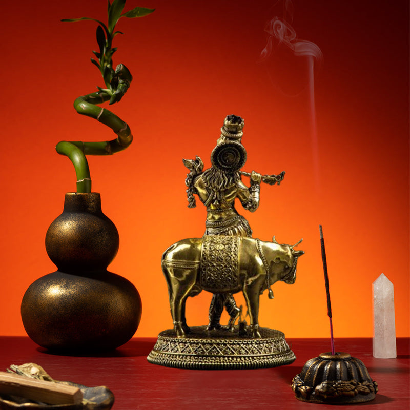 Shri Krishna with Calf Statue | Brass (7 Inch) - By Trendia
