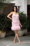 Pink Frilled & feather Party dress for women - Black beads