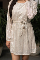 Women’s Sequin Party Dress with a Belt - Black Beads