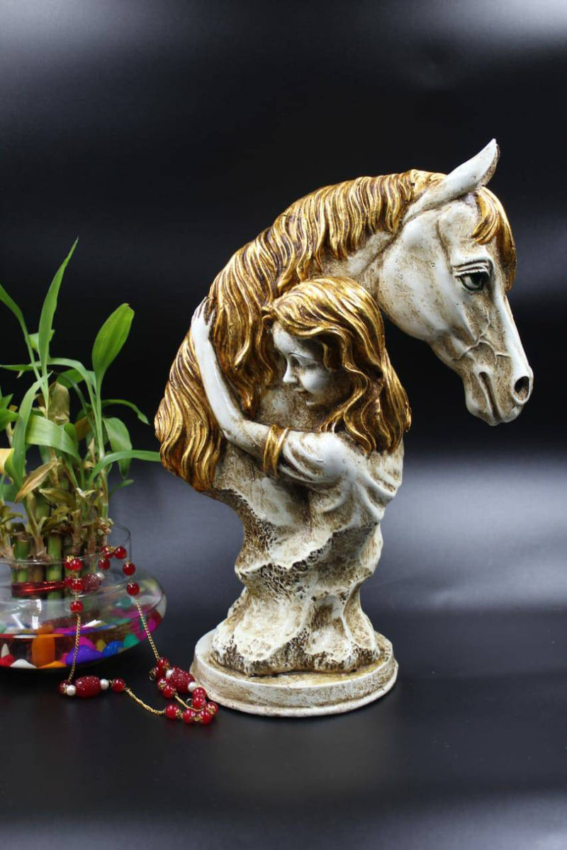 14" HORSE BUST WITH GIRL PAINTING ANTIQUE