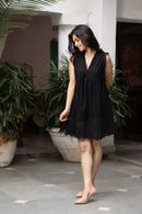 Women’s V-neck Eyelet Short Dress - Black Beads